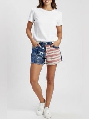 Knox Rose Sequin Flag Jean Shorts - Blue & Red
